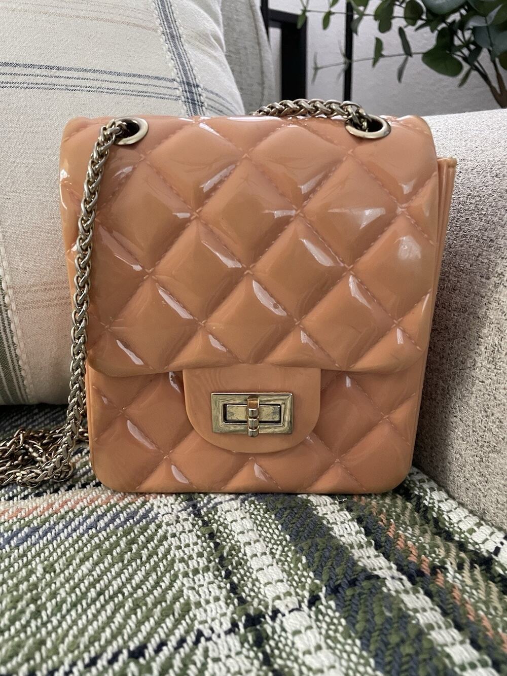 Quilted Jelly Handbag Mini Crossbody Shoulder Bag Peach Nude Gold Tone Chain
